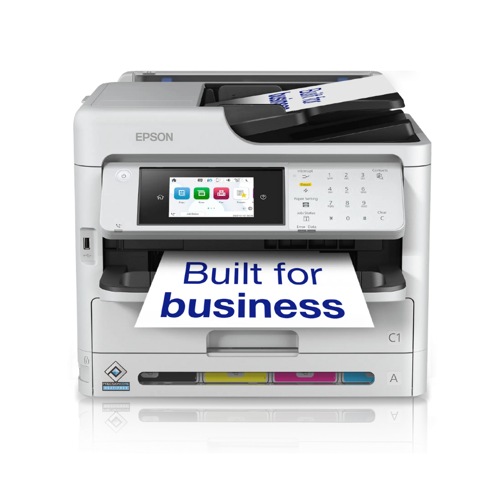Epson printer with a sheet of paper displaying 'Built for business' on a white background